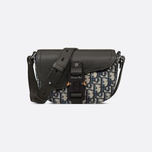 Mini Saddle Messenger Bag with Flap Beige and Black Oblique Jacquard with Black Grained Calfskin