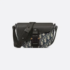 Mini Saddle Messenger Bag with Flap Beige and Black Oblique Jacquard with Black Grained Calfskin