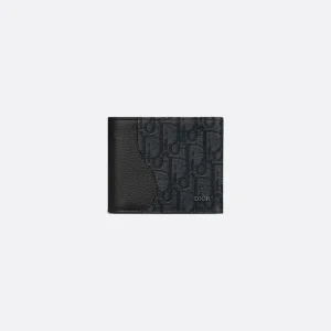 Saddle Bifold Wallet Black Grained Calfskin Marquetry and Black Oblique Jacquard